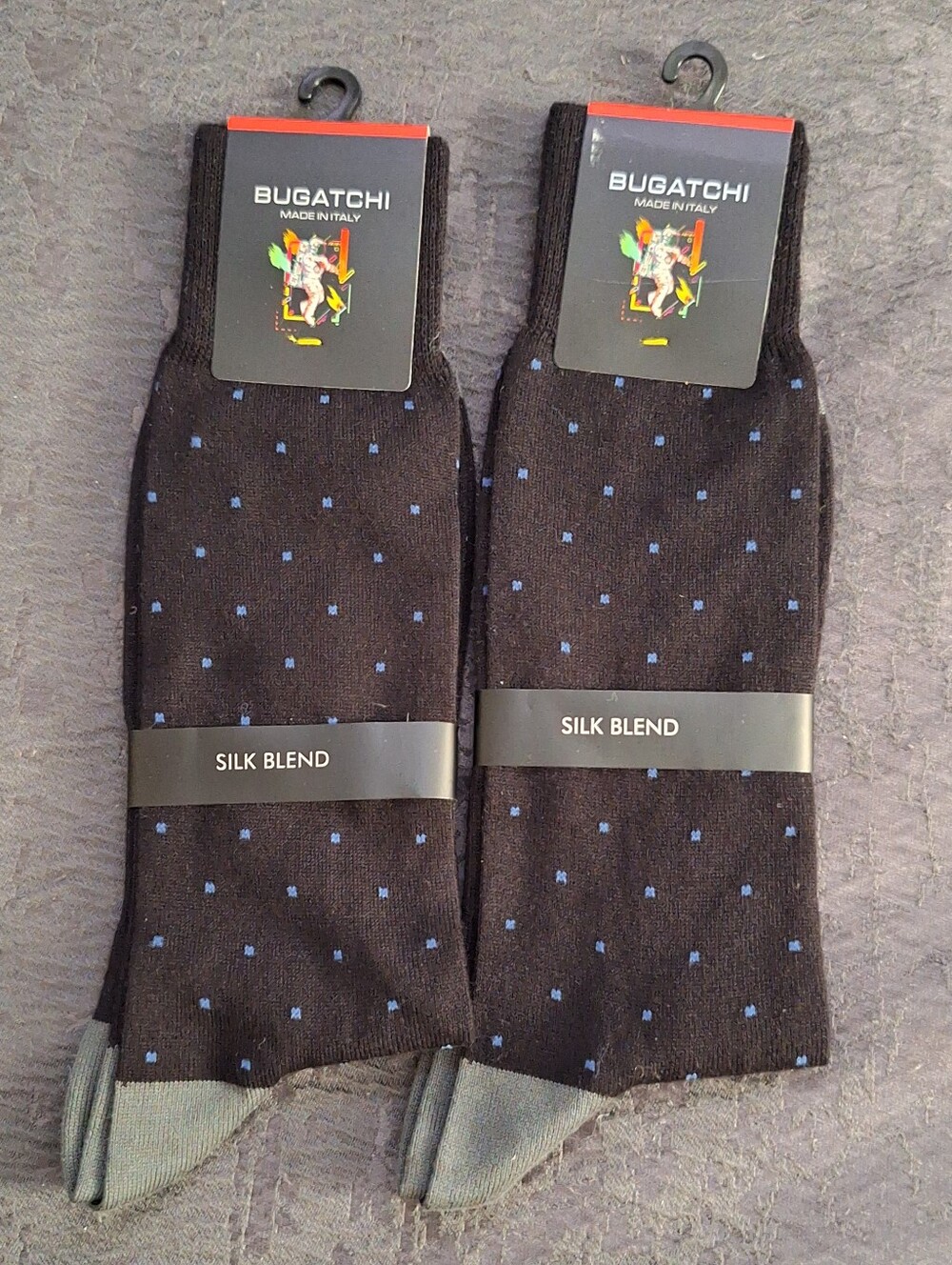 Bugatchi Black Silk-Blend Dress Socks with Blue Microdots